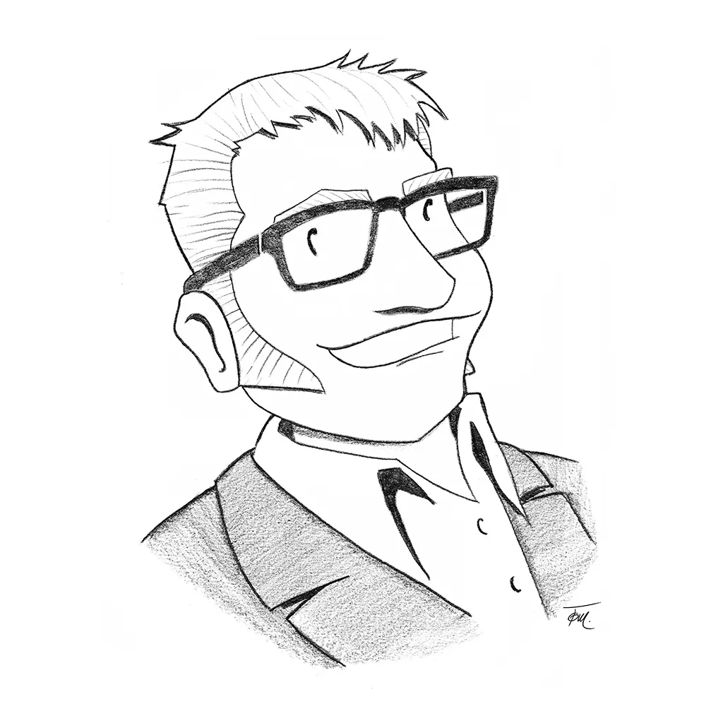 Karikatur (Logo) von Thomas Kimmerle mit Brille. Saxophon Unterricht in Bonn Bad Godesberg.